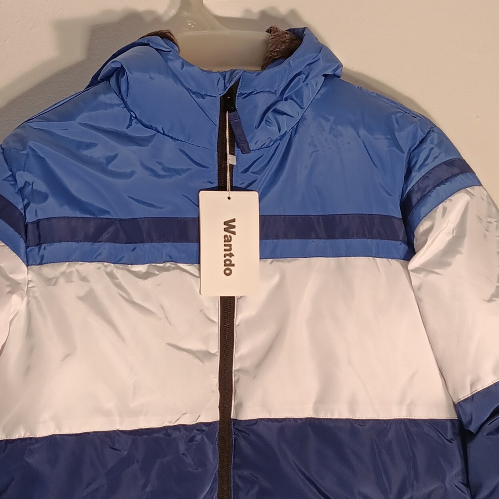 Wantdo Kids Puffer Jacket Winter Coat Hooded Padded Blue White Block Size‎ 14-16